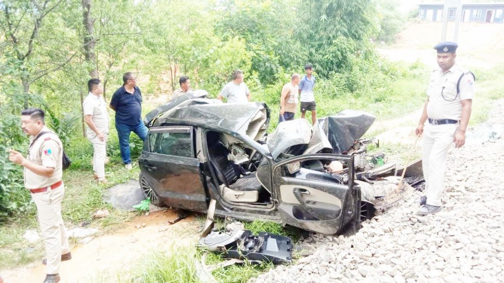 The mangled remains of the car, which was rammed by a passenger train on an unauthorised rail crossing in Dimapur on July 16. (Photo courtesy: RPF)
